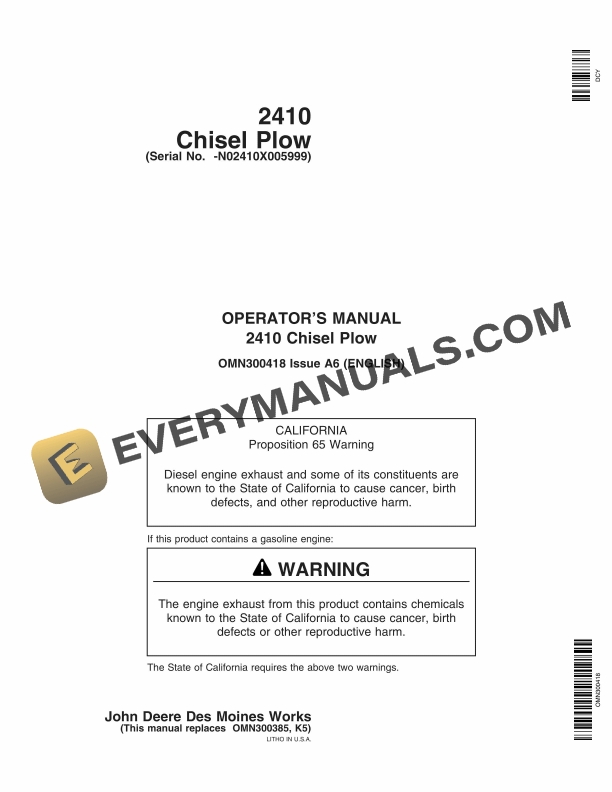 John Deere 2410 Chisel Plow Operator Manual OMN300418 1