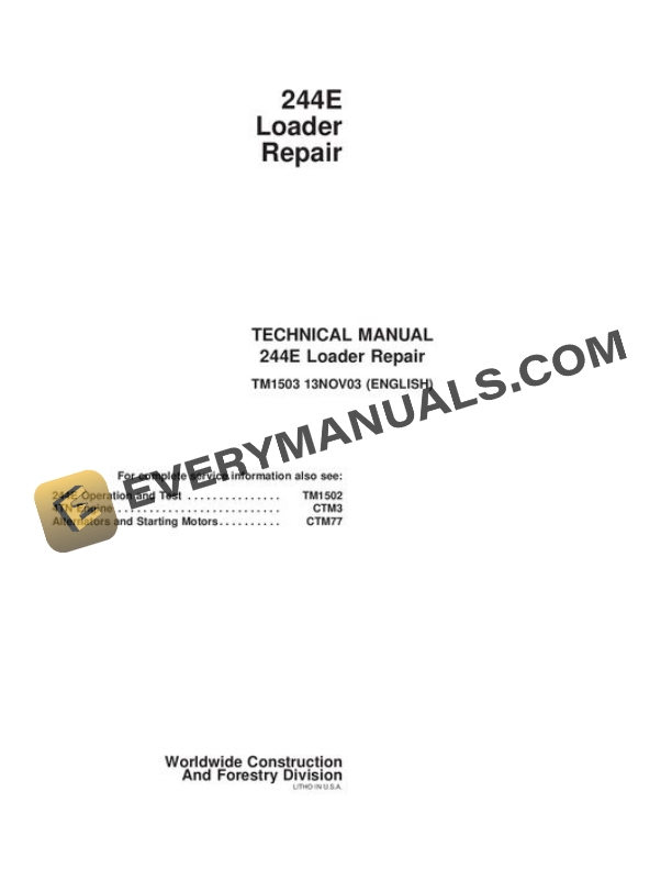 John Deere 244E Loader Repair Manual TM1503