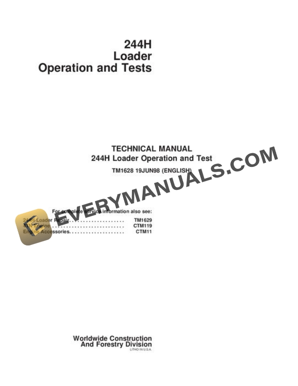 John Deere 244H Loader Test Manual TM1628