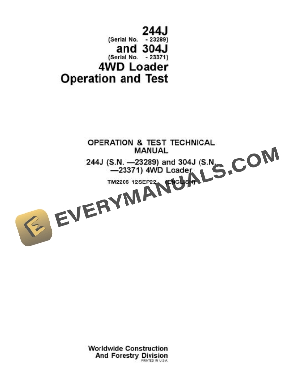 John Deere 244J 304J Loader Test Manual TM2206