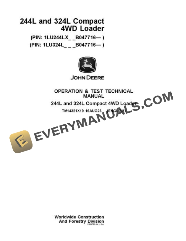 John Deere 244L 324L Loader Test Manual TM14321X19