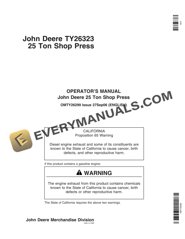 John Deere 25 Ton Shop Press Operator Manual OMTY26299 1