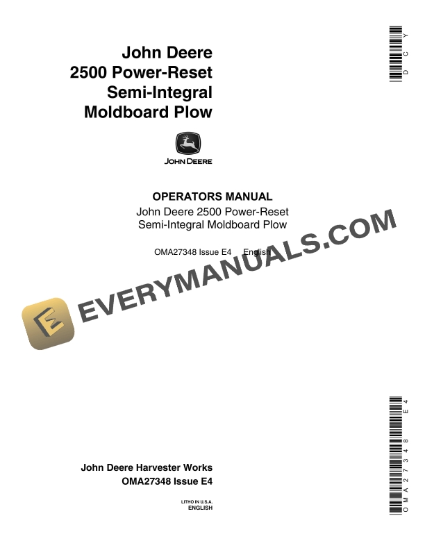 John Deere 2500 Power Reset Semi Integral Moldboard Plow Operator Manual OMA27348 1