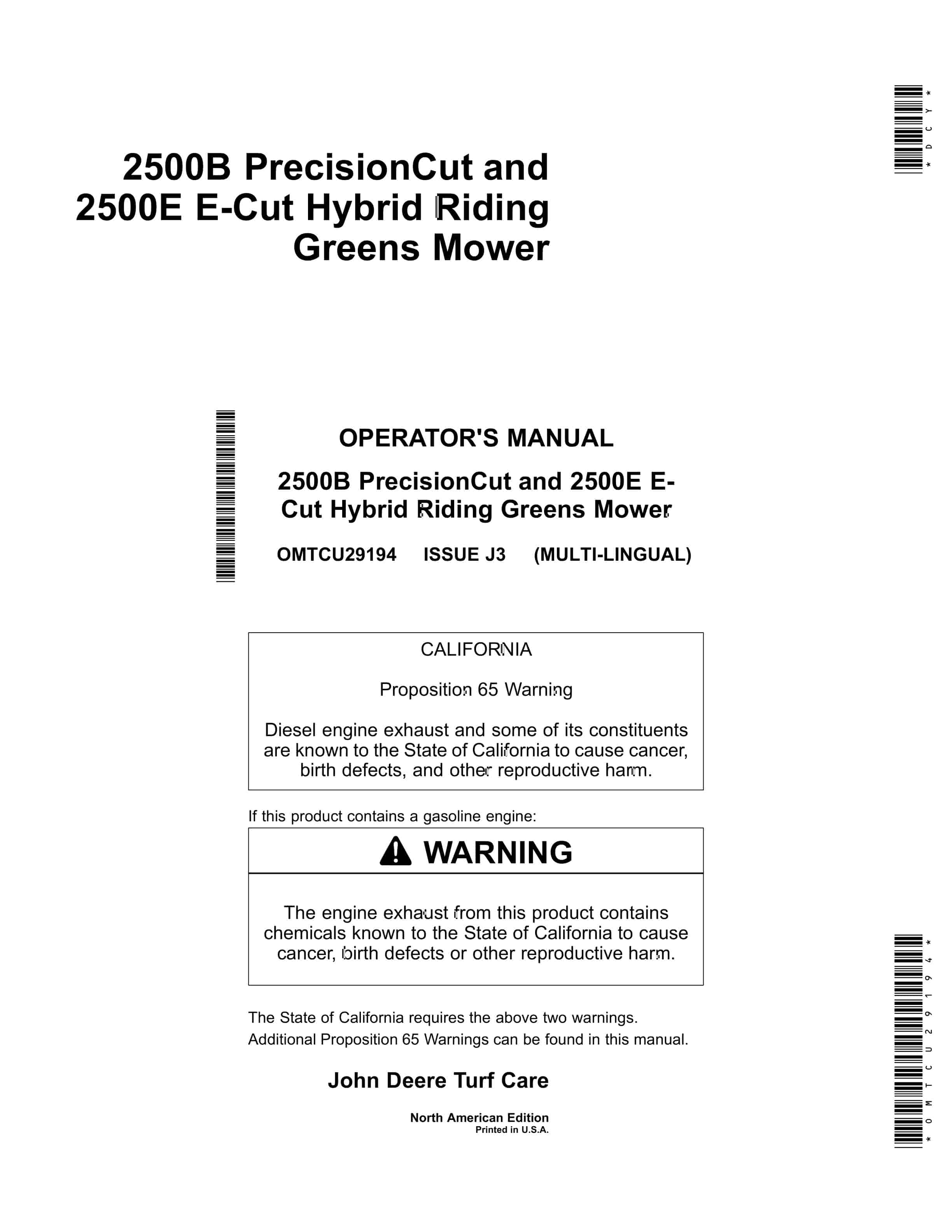 John Deere 2500B PrecisionCut and 2500E E Cut Hybrid Riding Greens Mower Operator Manual OMTCU29194 1