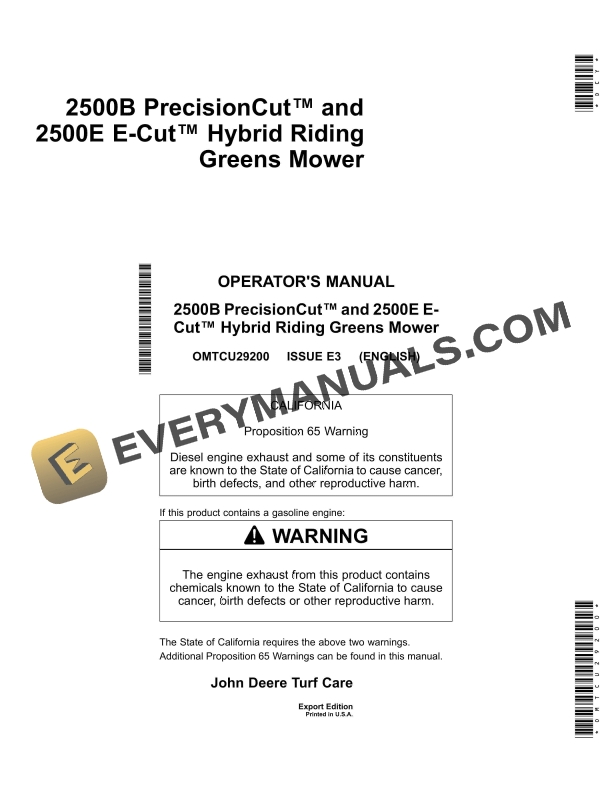 John Deere 2500B PrecisionCut and 2500E E Cut Hybrid Riding Greens Mower Operator Manual OMTCU29200