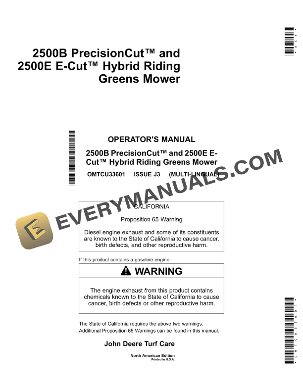 John Deere 2500B PrecisionCut and 2500E E Cut Hybrid Riding Greens Mower Operator Manual OMTCU33601 1