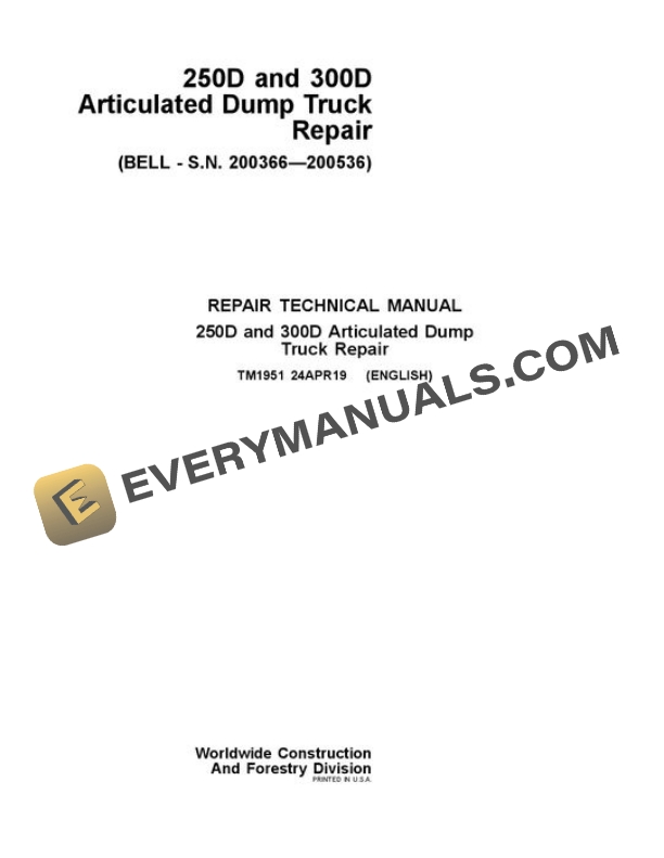 John Deere 250D 300D Articulated Dump Truck Repair Manual TM1951