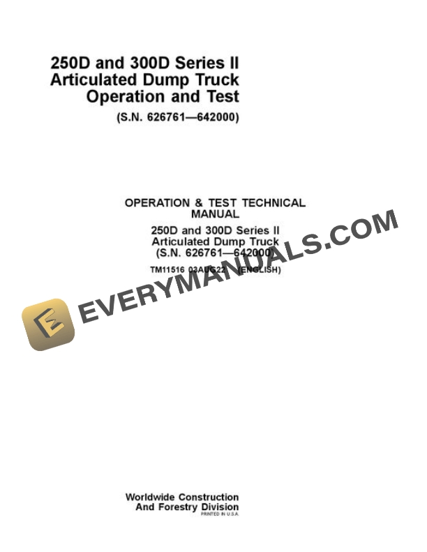 John Deere 250D 300D Articulated Dump Truck Test Manual TM11516