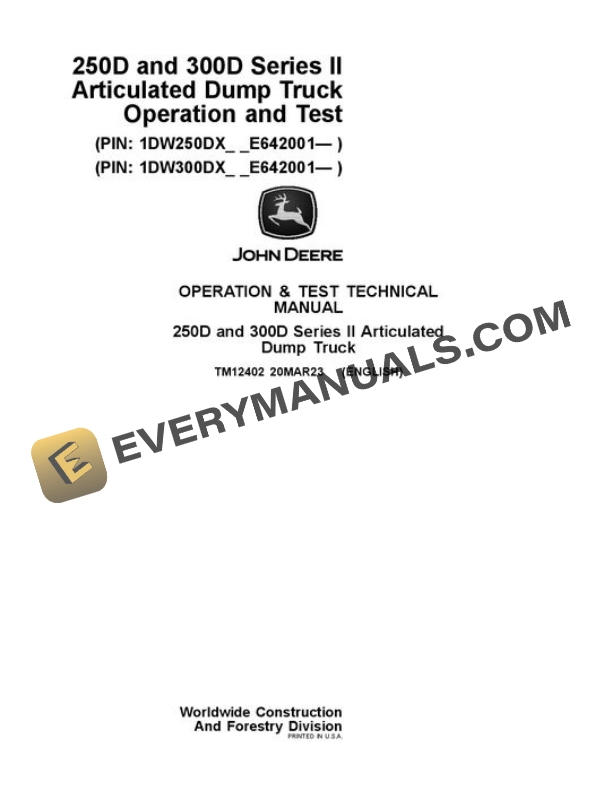 John Deere 250D 300D Articulated Dump Truck Test Manual TM12402