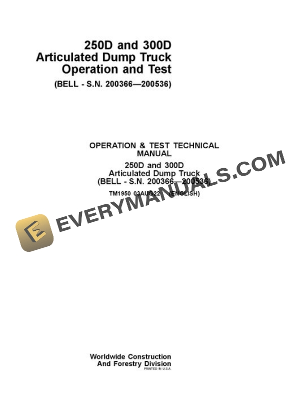 John Deere 250D 300D Articulated Dump Truck Test Manual TM1950