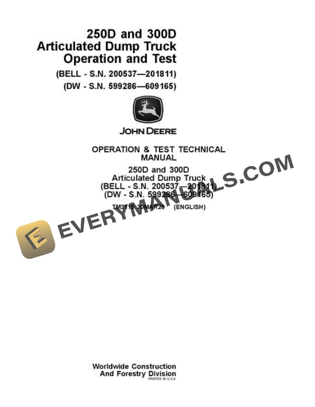 John Deere 250D 300D Articulated Dump Truck Test Manual TM2115