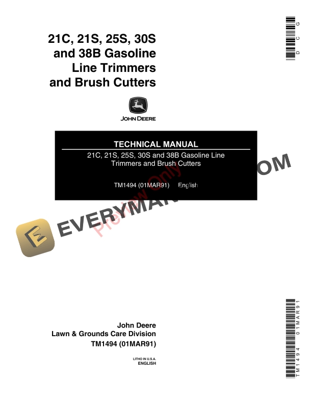 John Deere 25S 30S and 38B CUTTER TRIMMER Technical Manual TM1494 01MAR91 1