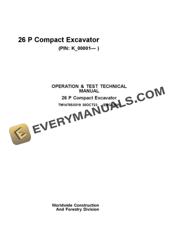 John Deere 26 P Excavator Test Manual TM14765X019