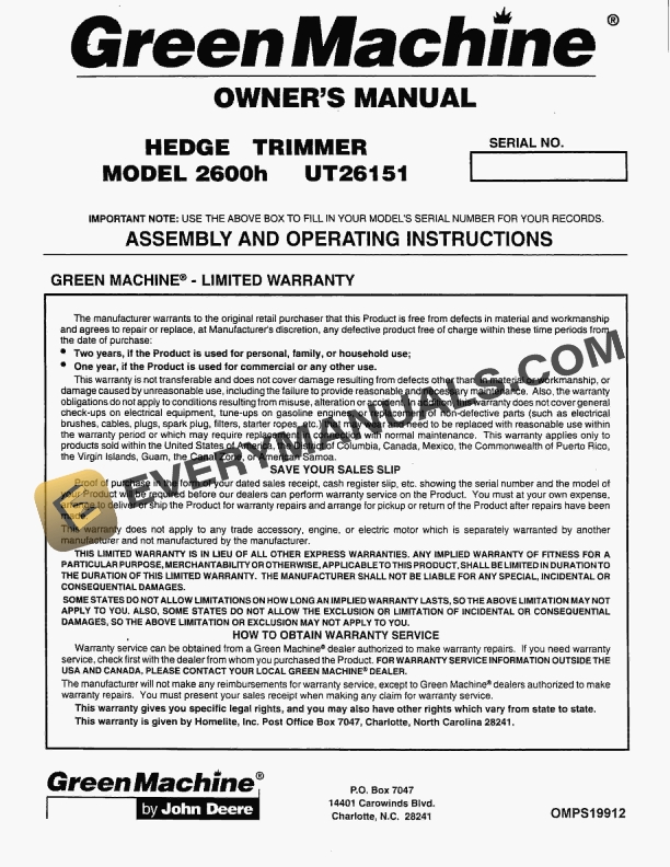 John Deere 2600h UT26151 HEDGE TRIMMER Operator Manual OMPS19912 1