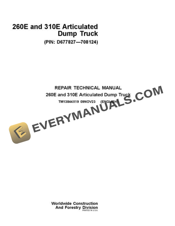 John Deere 260E 310E Articulated Dump Truck Repair Manual TM13844X19