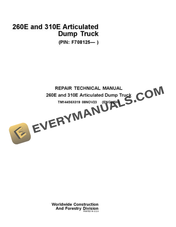 John Deere 260E 310E Articulated Dump Truck Repair Manual TM14456X019