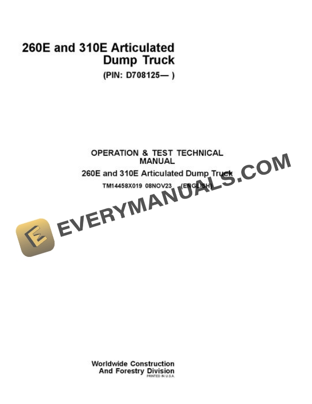 John Deere 260E 310E Articulated Dump Truck Repair Manual TM14458X019