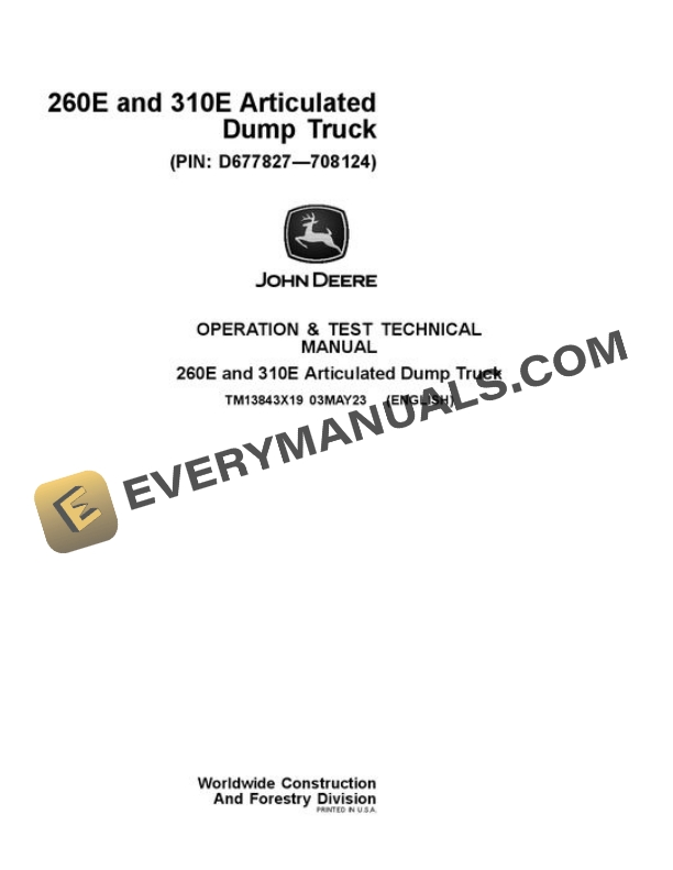 John Deere 260E 310E Articulated Dump Truck Test Manual TM13843X19