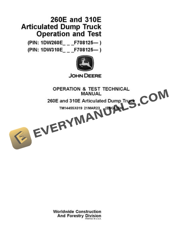 John Deere 260E 310E Articulated Dump Truck Test Manual TM14455X019