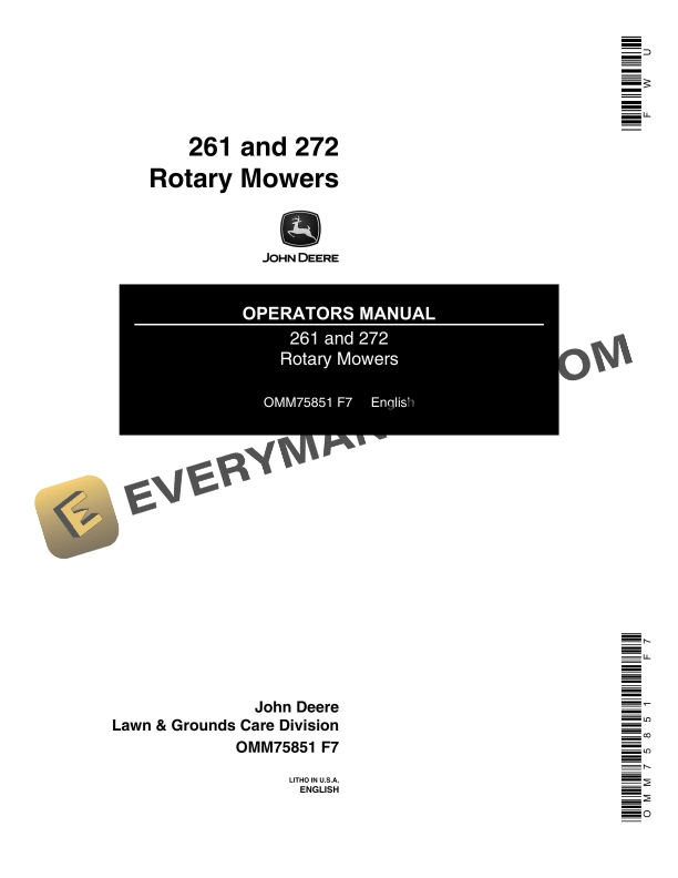 John Deere 261 and 272 Rotary Mowers Operator Manual OMM75851