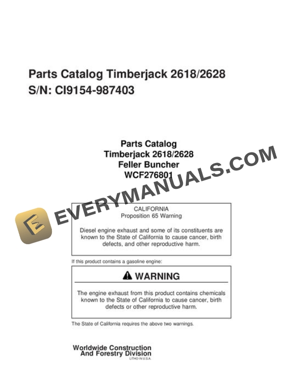 John Deere 2618 2628 Feller Buncher Parts Catalog WCF276801