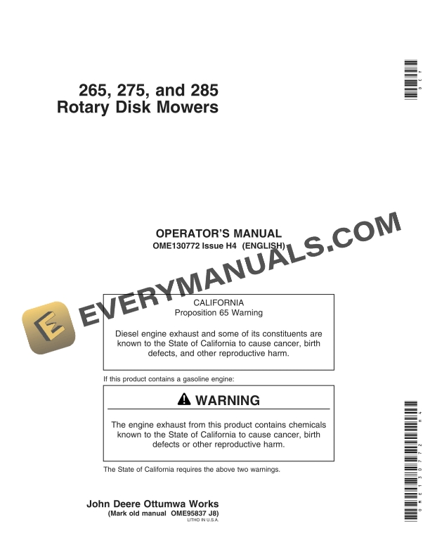 John Deere 265, 275, 285 Rotary Disk Mowers Operator Manual OME130772