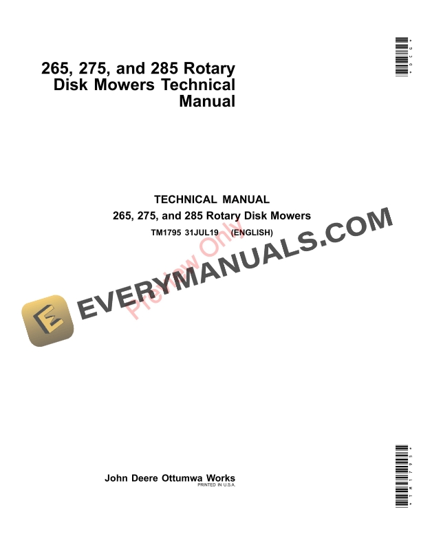 John Deere 265, 275 and 285 Rotary Disk Mowers Technical Manual TM1795 31JUL19 PDF