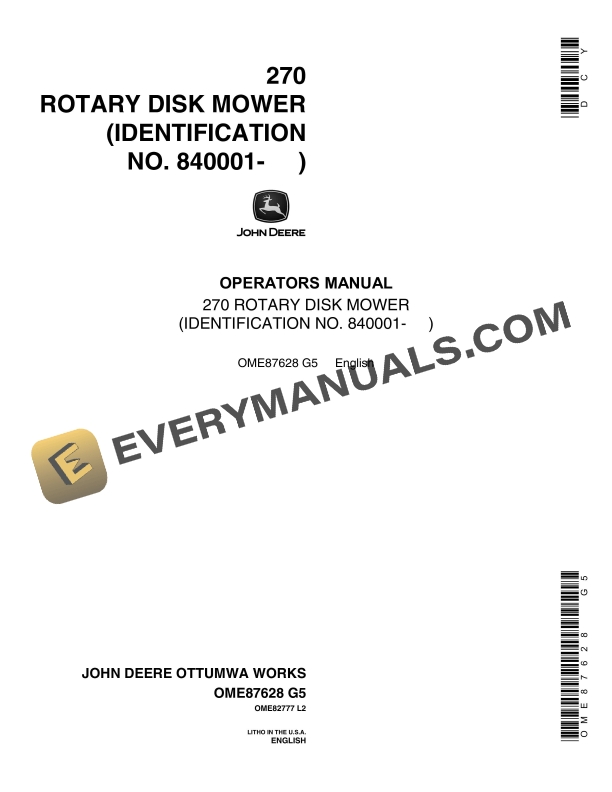 John Deere 270 Rotary Disk Mower Operator Manual OME87628
