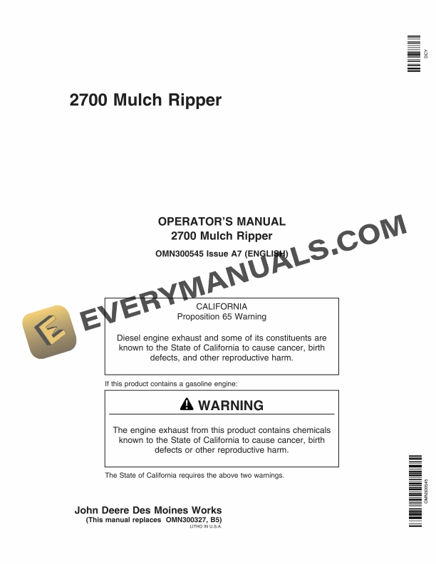 John Deere 2700 Mulch Ripper Operator Manual OMN300545