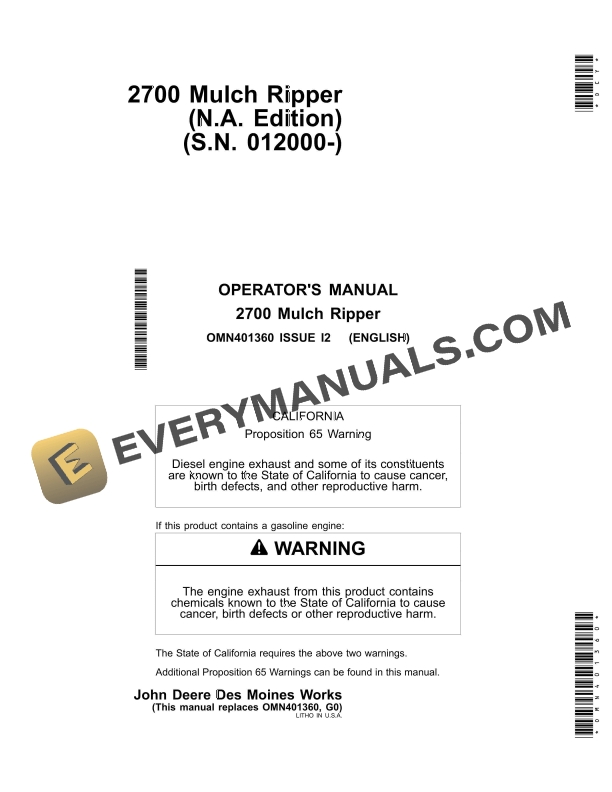 John Deere 2700 Mulch Ripper Operator Manual OMN401360