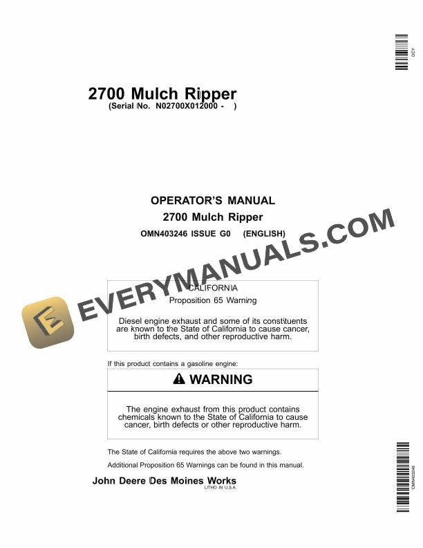John Deere 2700 Mulch Ripper Operator Manual OMN403246 1