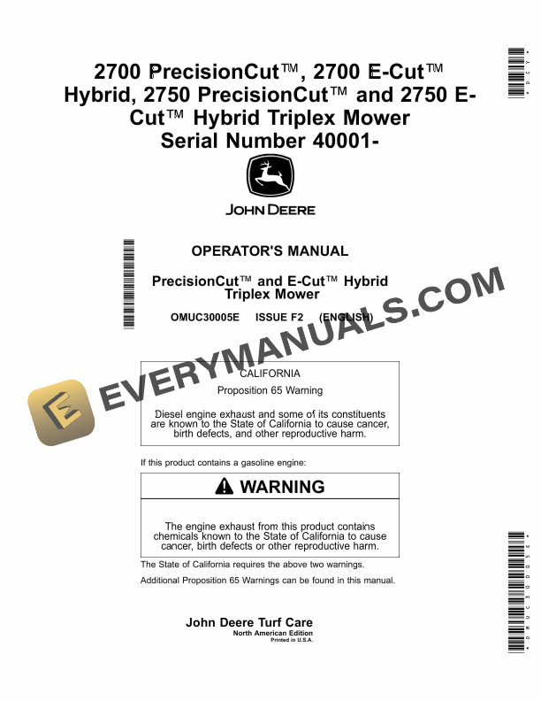 John Deere 2700, 2750 PrecisionCut and 2700, 2750 E Cut Hybrid Triplex Mower Operator Manual OMUC30005E