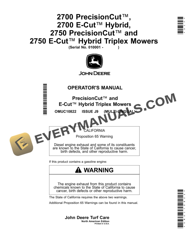 John Deere 2700, 2750 PrecisionCut and 2700, 2750 E Cut Hybrid Triplex Mower Operator Manual OMUC10822