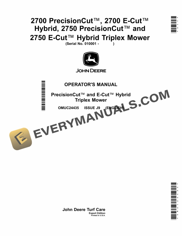 John Deere 2700, 2750 PrecisionCut and 2700, 2750 E Cut Hybrid Triplex Mower Operator Manual OMUC24435