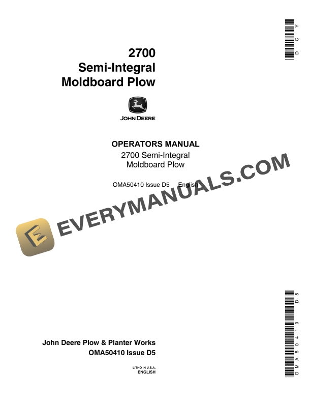 John Deere 2700 Semi-Integral Moldboard Plow Operator Manual OMA50410