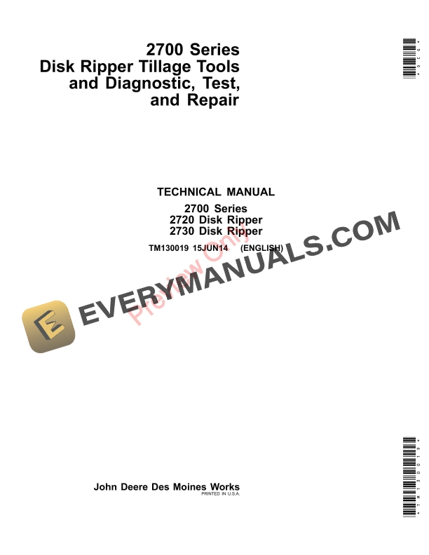 John Deere 2700 Series 2720, 2730 Disk Ripper Tillage Technical Manual TM130019 20MAR15