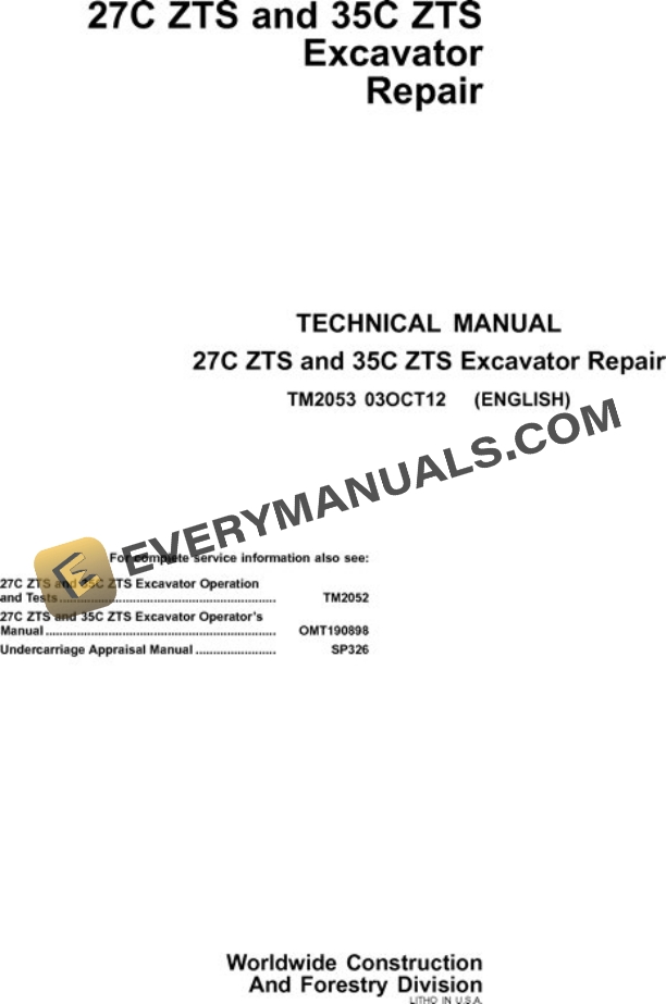John Deere 27CZTS 35CZTS Excavator Repair Manual TM2053
