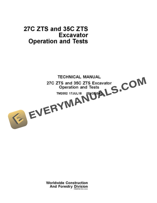 John Deere 27CZTS 35CZTS Excavator Test Manual TM2052