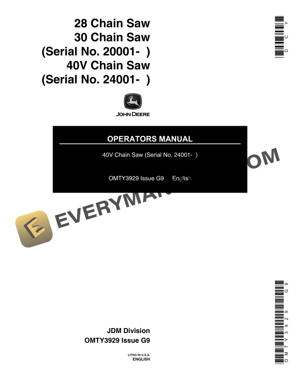 John Deere 28, 30, 40V Chain Saw Operator Manual OMTY3929