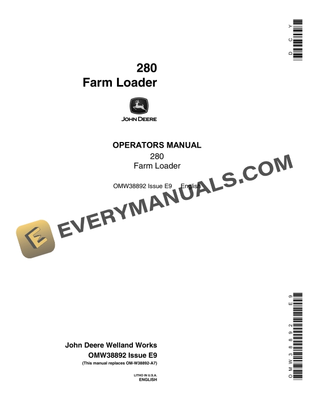 John Deere 280 Farm Loader Operator Manual OMW38892
