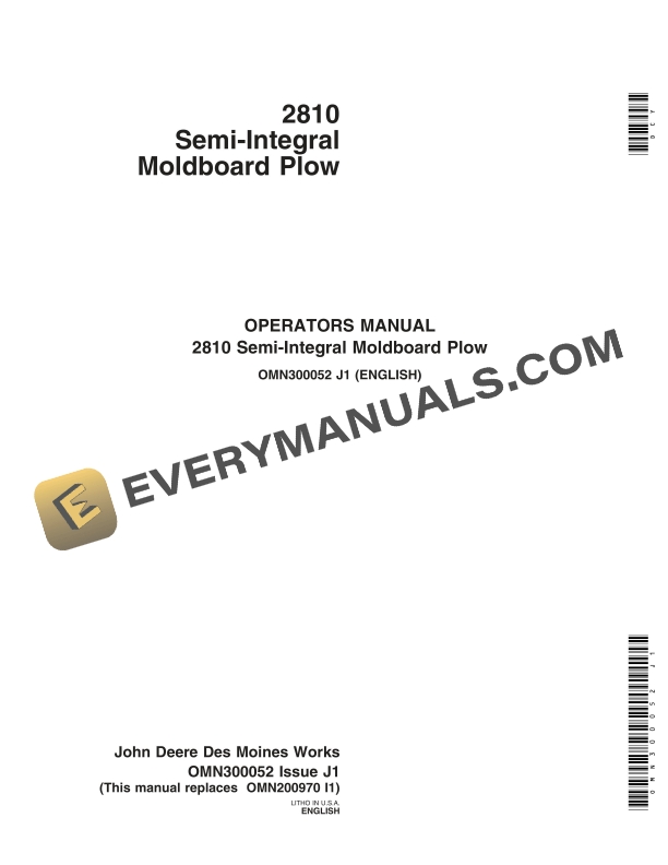 John Deere 2810 Semi Integral Moldboard Plow Operator Manual OMN300052 1