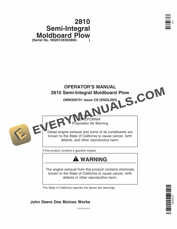 John Deere 2810 Semi-Integral Moldboard Plow Operator Manual OMN300751