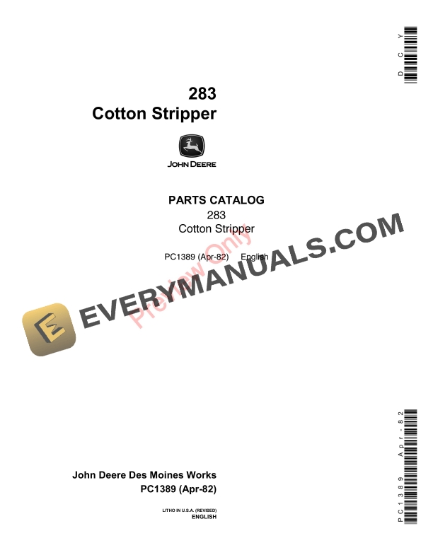John Deere 283 Cotton Stripper Parts Catalog PC1389 13APR82