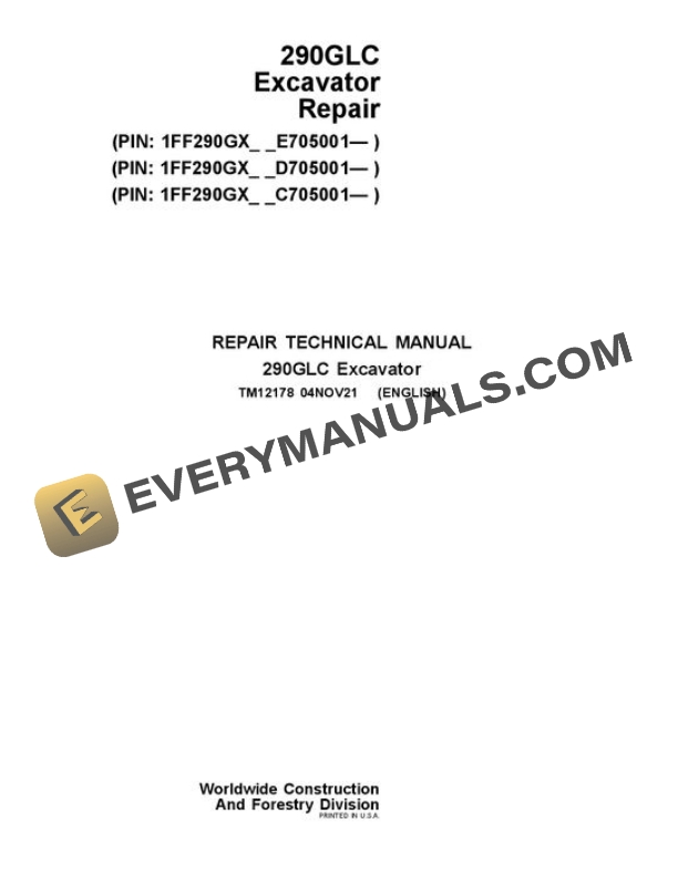 John Deere 290GLC Excavator Repair Manual TM12178