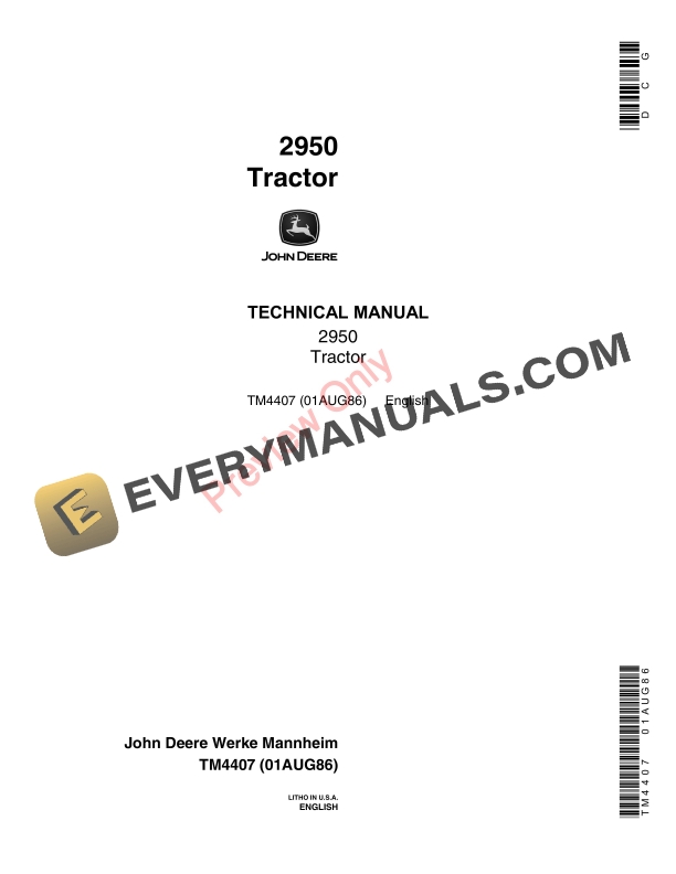 John Deere 2950 Tractor Technical Manual TM4407 01AUG86 1