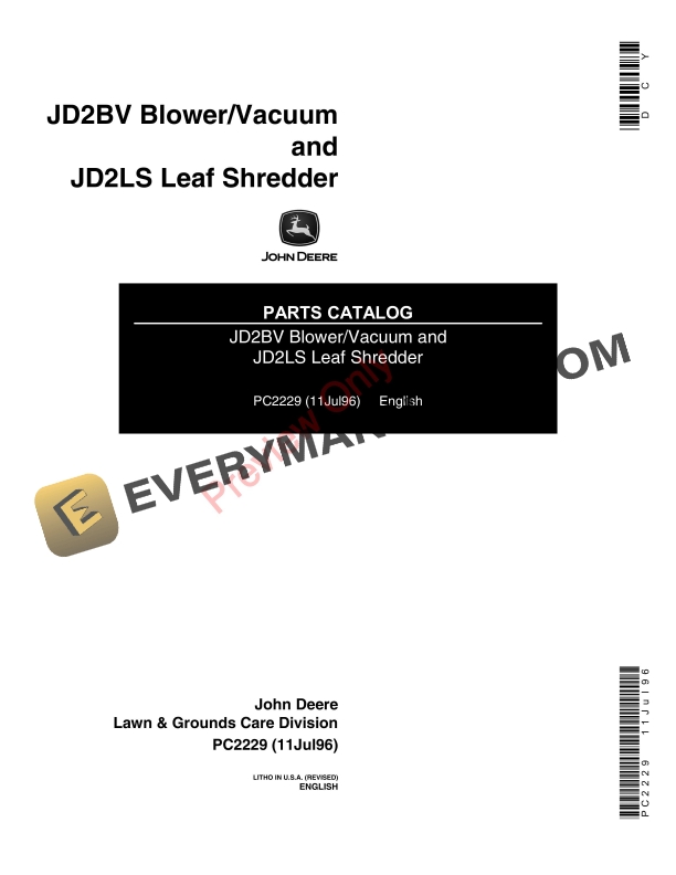 John Deere 2BV Vacuum Blower and 2LS Leaf Shredder Parts Catalog PC2229 11JUL96 1
