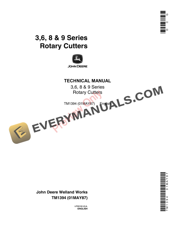 John Deere 3, 6, 8, 9 Series Rotary Cutters Technical Manual TM1394 01MAY87