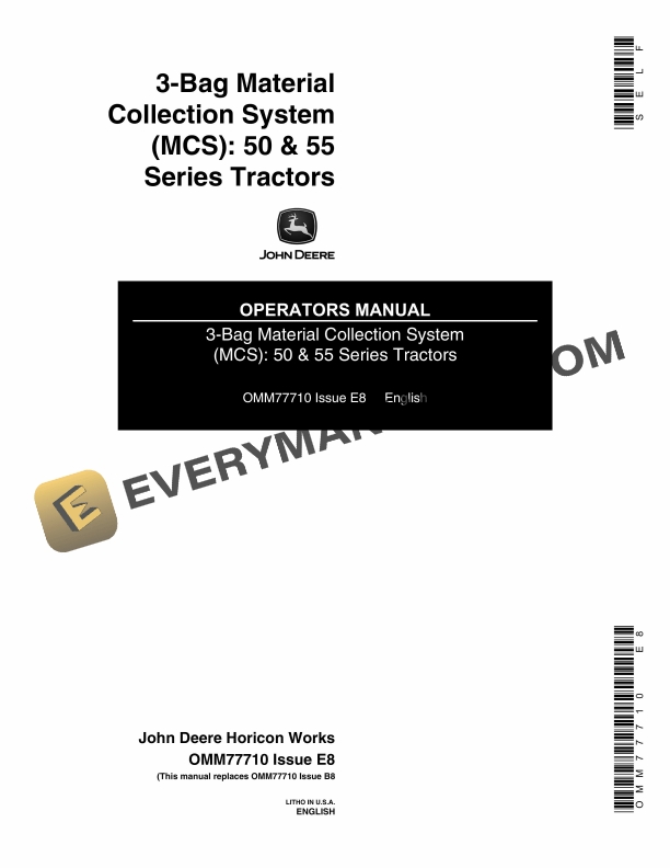 John Deere 3-Bag Material Collection System (MCS) 50 and 55 Series Tractors Operator Manual OMM77710