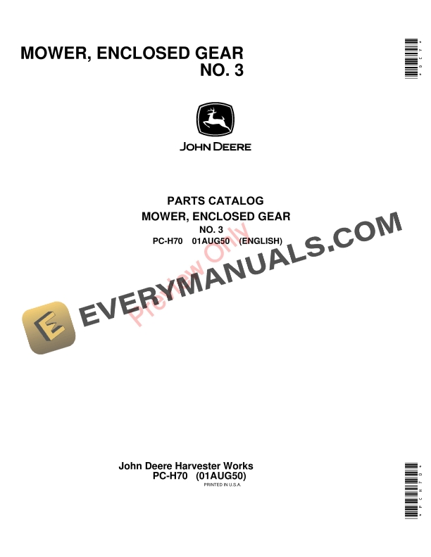 John Deere 3 Enclosed Gear Mower Parts Catalog PCH70 01AUG50
