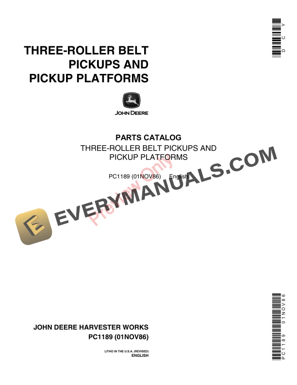 John Deere 3 Roller Belt Pickups and Pickup Platforms Parts Catalog PC1189 01NOV86 1